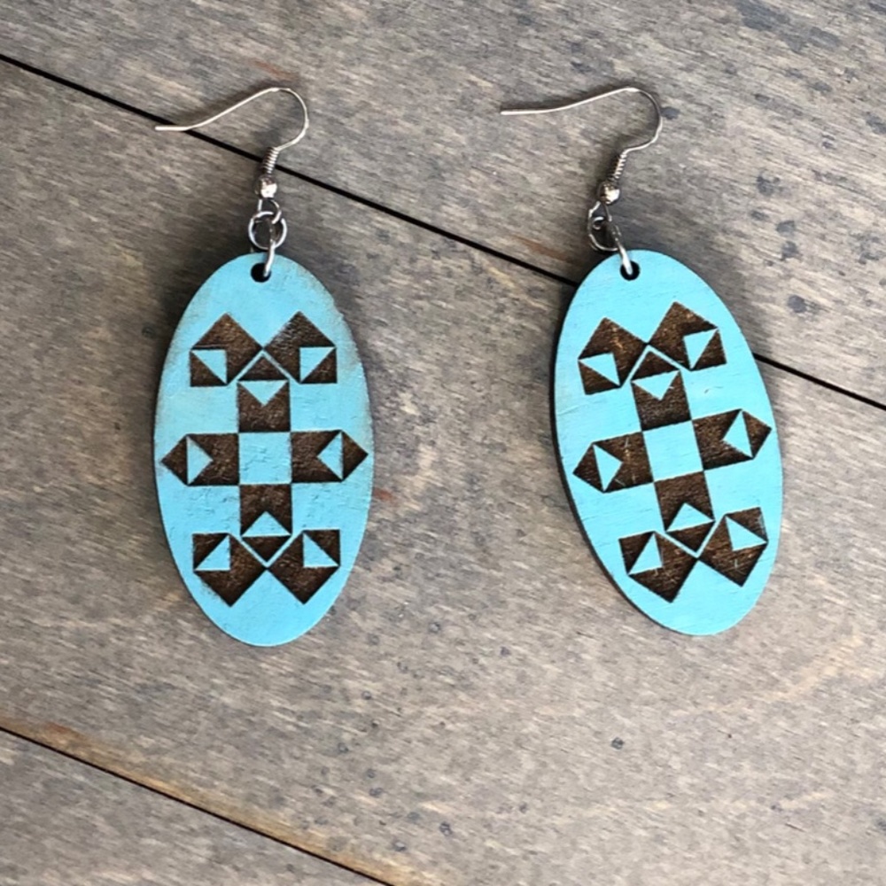 Long Oval Wood Stained & Laser Cut Aztec Tribal Patterned Large Dangle Earrings